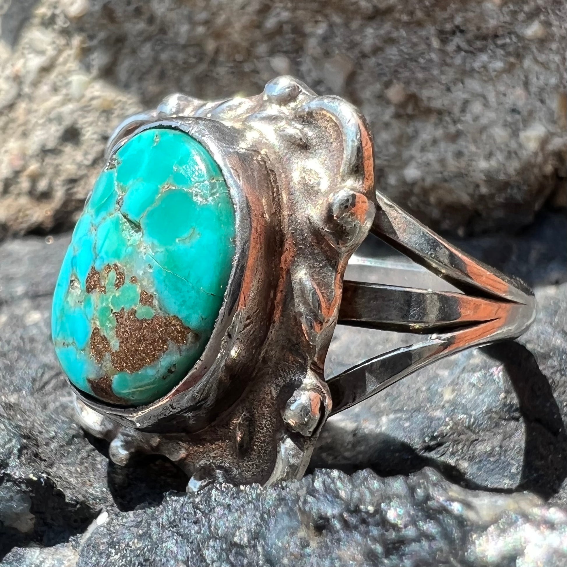 A handmade sterling silver turquoise ring set with a turquoise stone from Pilot Mountain.