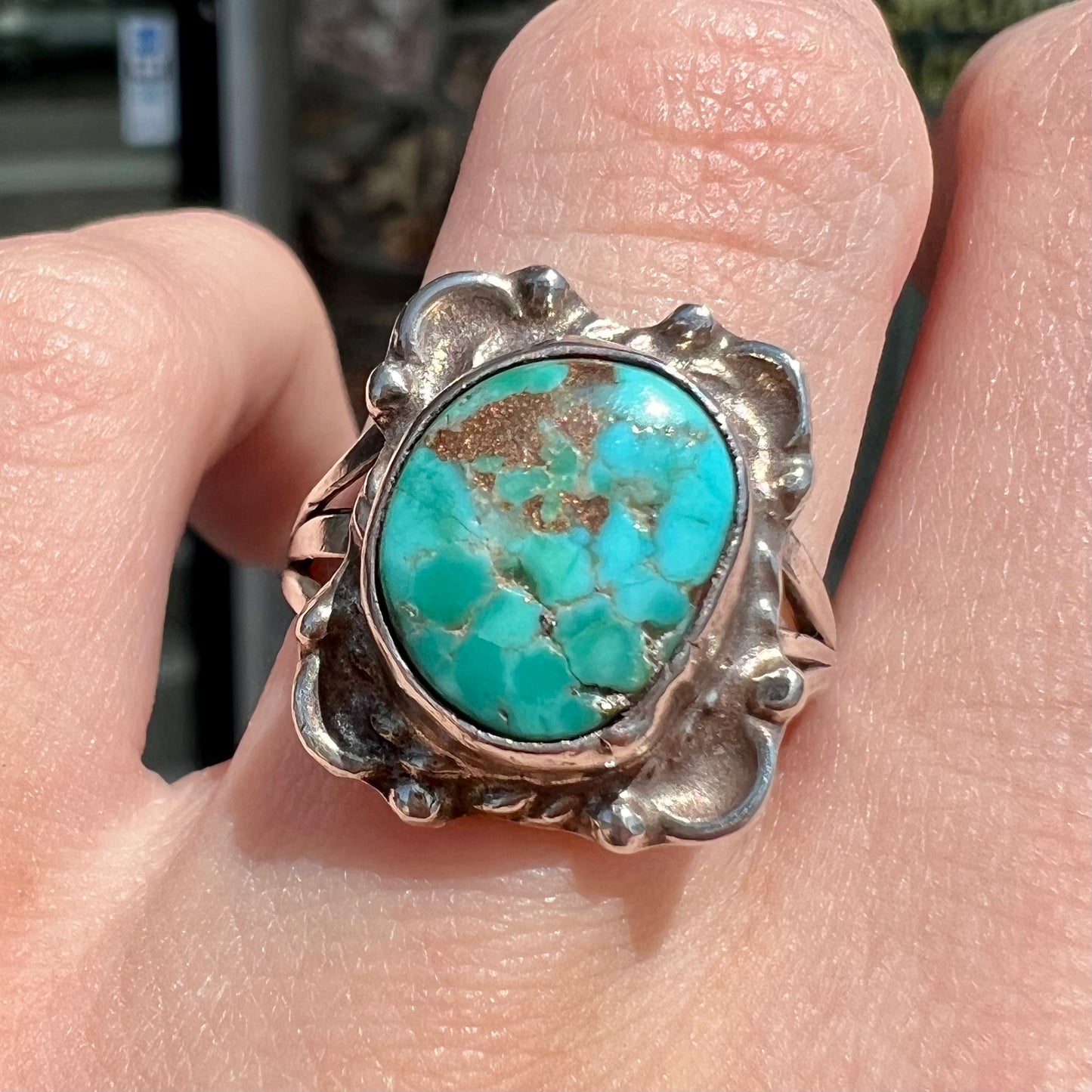A handmade sterling silver turquoise ring set with a turquoise stone from Pilot Mountain.