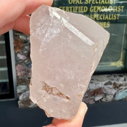 A rough, pink morganite crystal from the Stewart Mine in Pala, California.