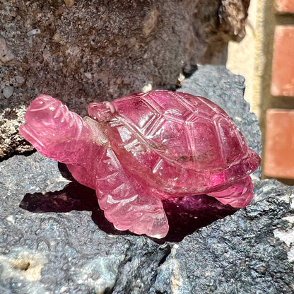 A crystal turtle carved from a pink tourmaline stone.