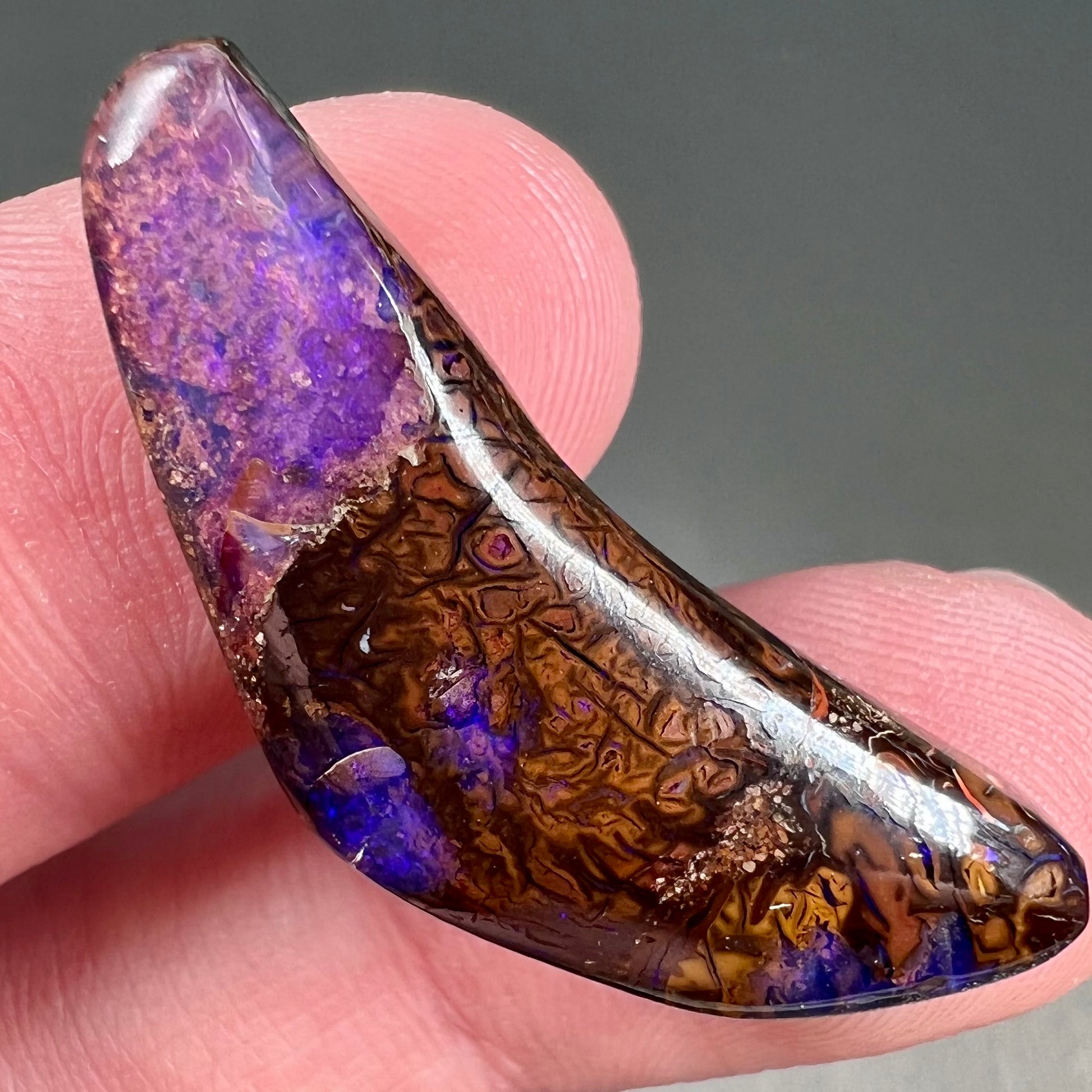 A loose boomerang shaped purple boulder opal stone from Quilpie, Australia.