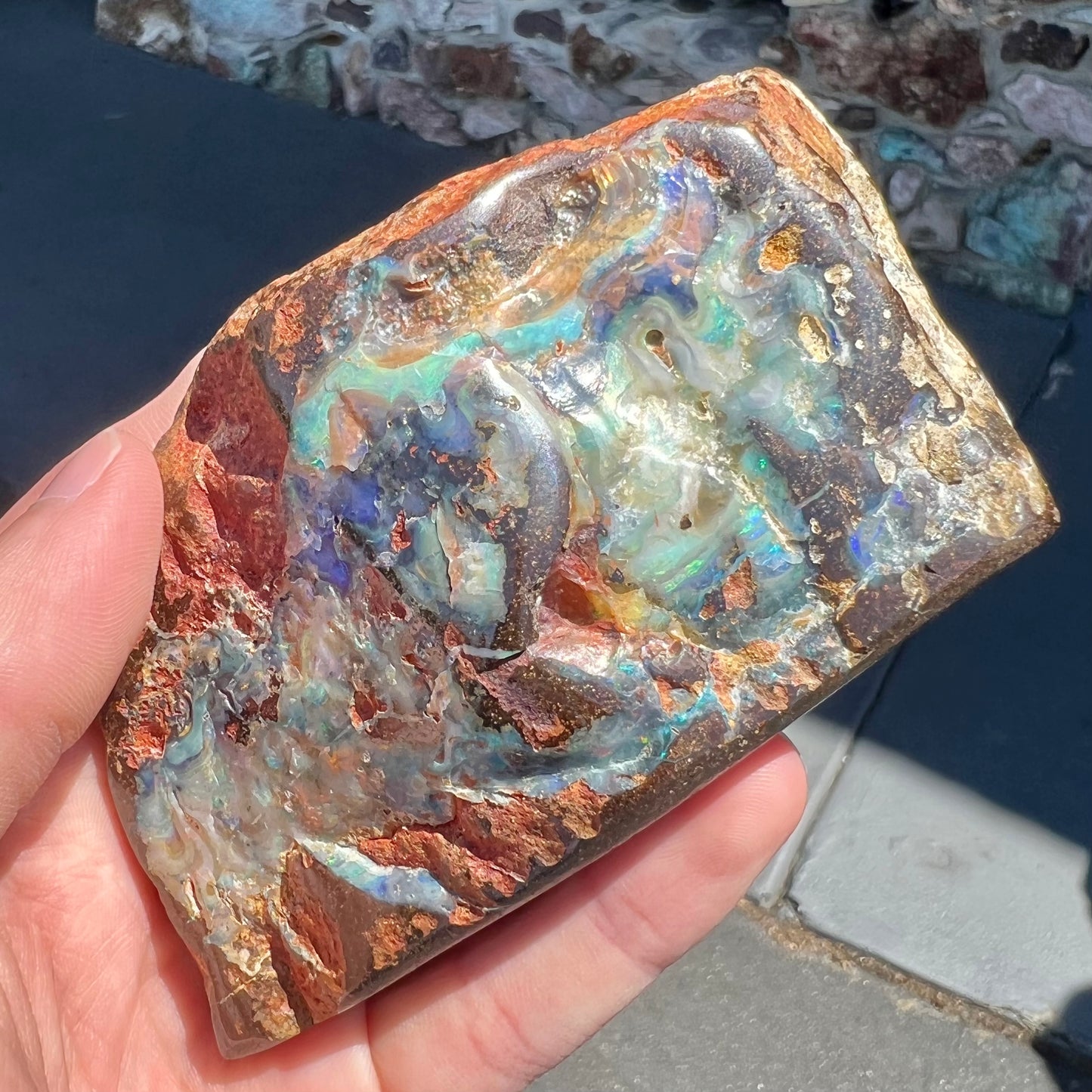 A hand-sized, polished Quilpie boulder opal specimen.  The stone shows blue, green, and orange flashes.