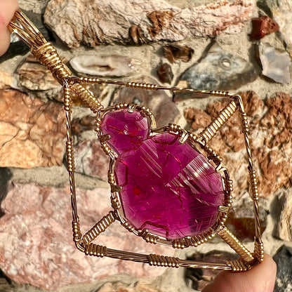 Synthetic Ruby Crystal Wire Wrap Pendant | Gold Filled