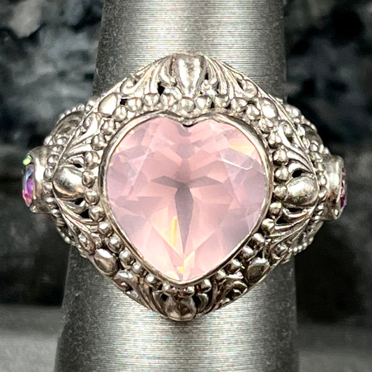 Rose Quartz Heart Filigree Ring | Sterling Silver