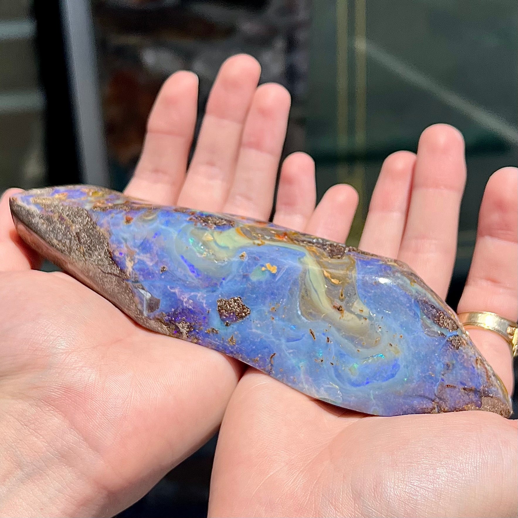 A 7 inch long polished blue Quilpie boulder opal specimen from Queensland, Australia.