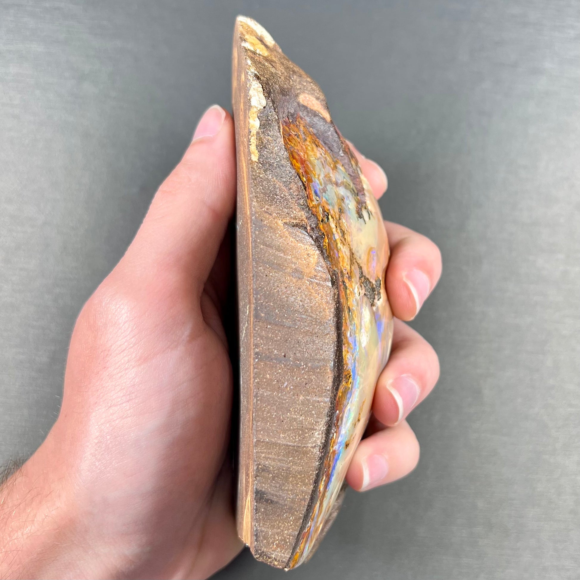 A polished Quilpie boulder opal specimen.  The stone has a stripe of bright blue, green, and purple.
