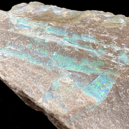 A rough Painted Lady boulder opal specimen that shows blue, green, and pinkish red colors.