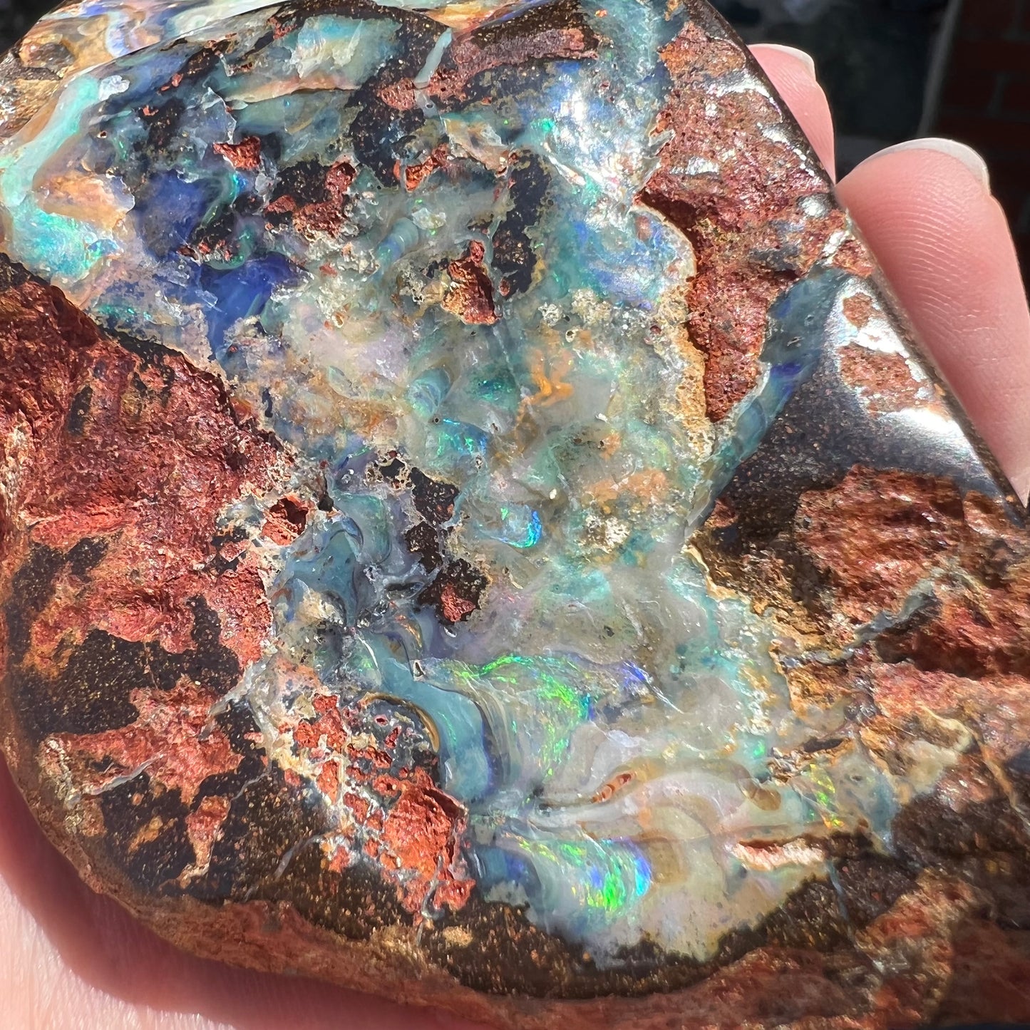 A hand-sized, polished Quilpie boulder opal specimen.  The stone shows blue, green, and orange flashes.