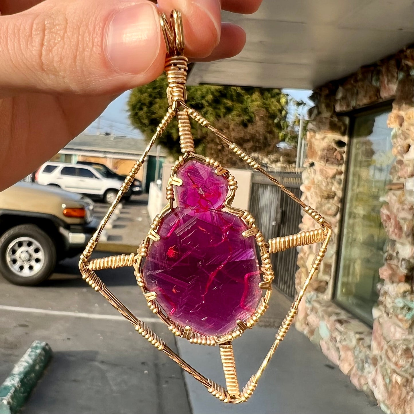 Synthetic Ruby Crystal Wire Wrap Pendant | Gold Filled