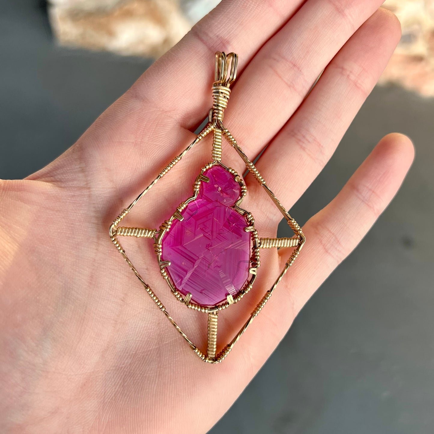 Synthetic Ruby Crystal Wire Wrap Pendant | Gold Filled