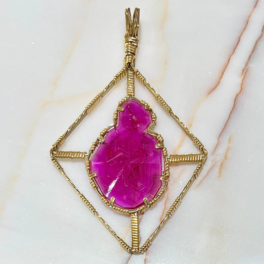 Synthetic Ruby Crystal Wire Wrap Pendant | Gold Filled