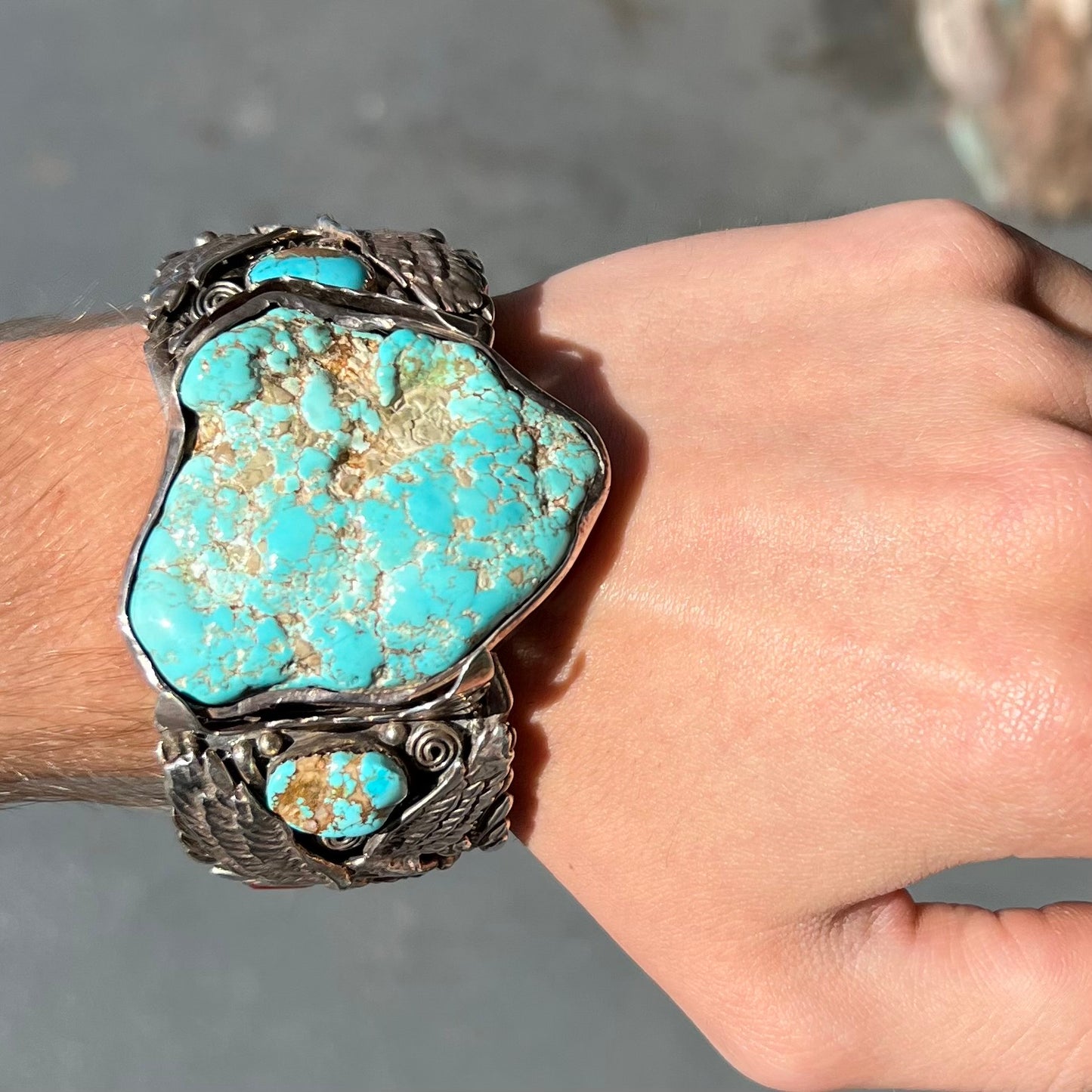 A men's Sleeping Beauty turquoise nugget cuff bracelt handmade by Navajo Artist, Allen Chee.