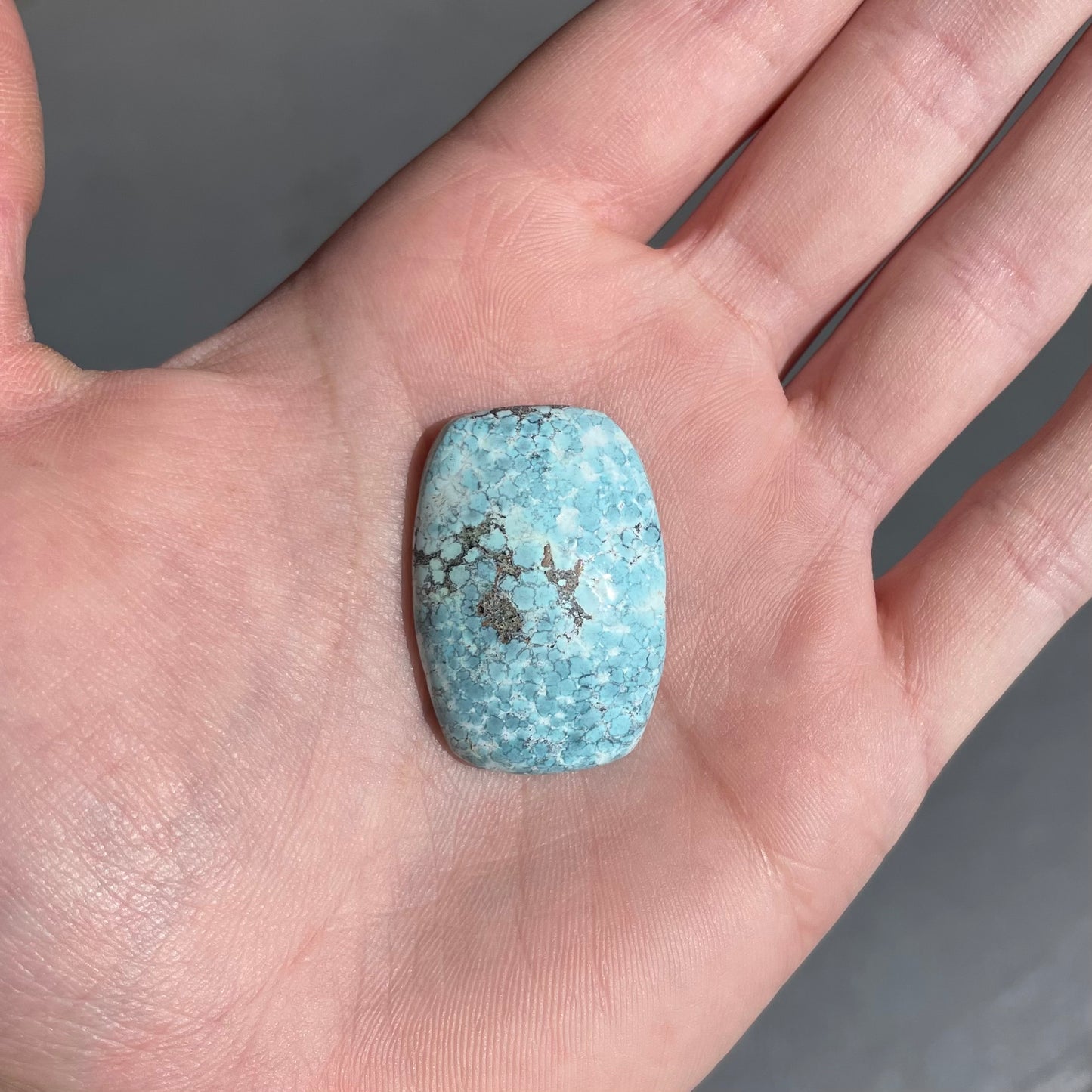 A loose, barrel cabochon cut turquoise stone from Baja California.  The piece is light blue with a gray matrix.