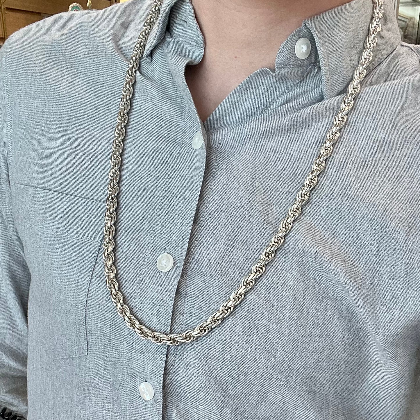 A men's 26 inch sterling silver rope chain.  The chain is stamped "925 ITALY."