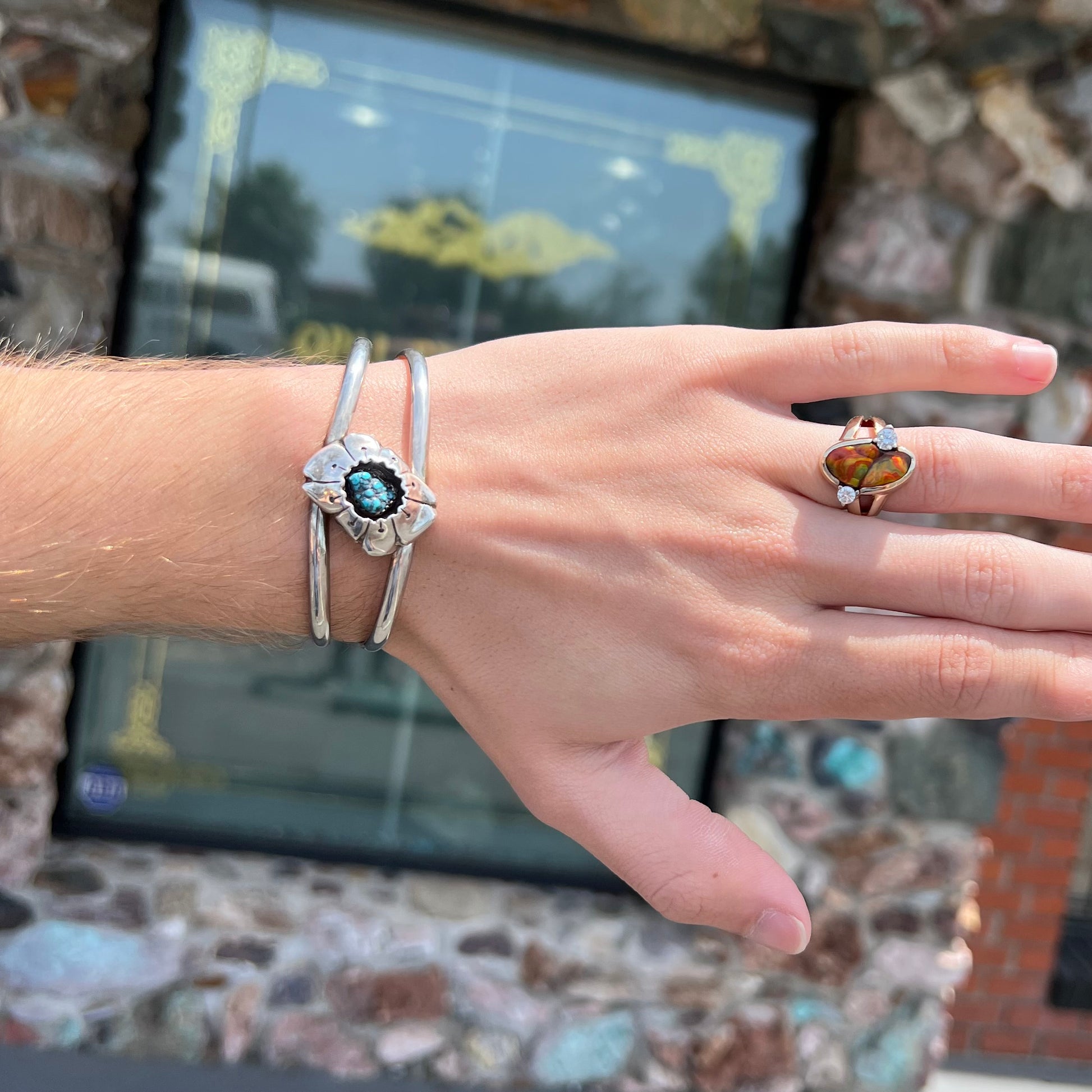 A Navajo style rough turquoise nugget silver cuff bracelet.
