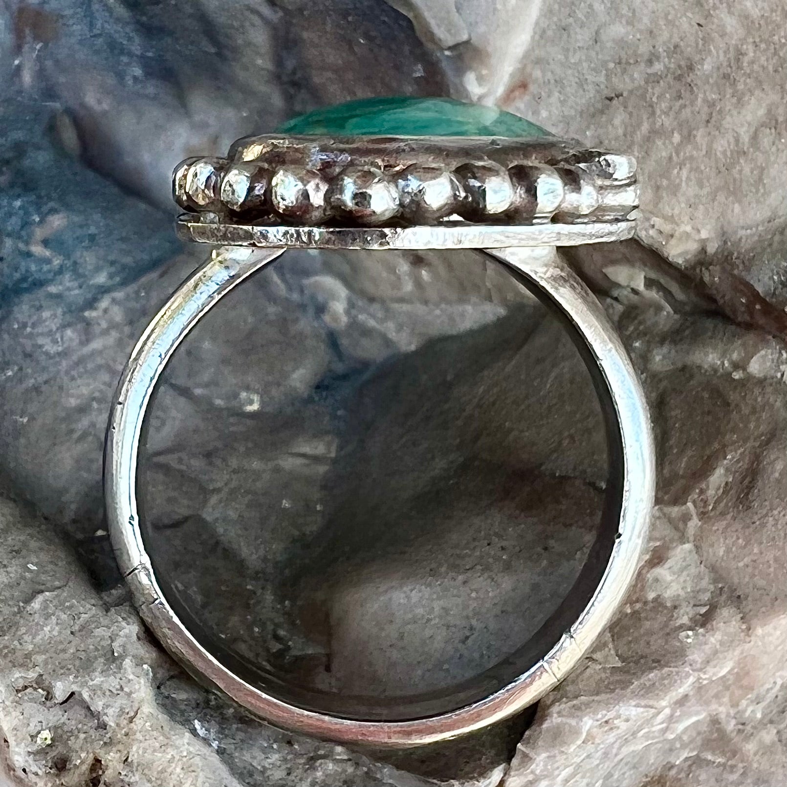 A sterling silver, Native American style green turquoise ring.  The turquoise is from the Royston Mining District.