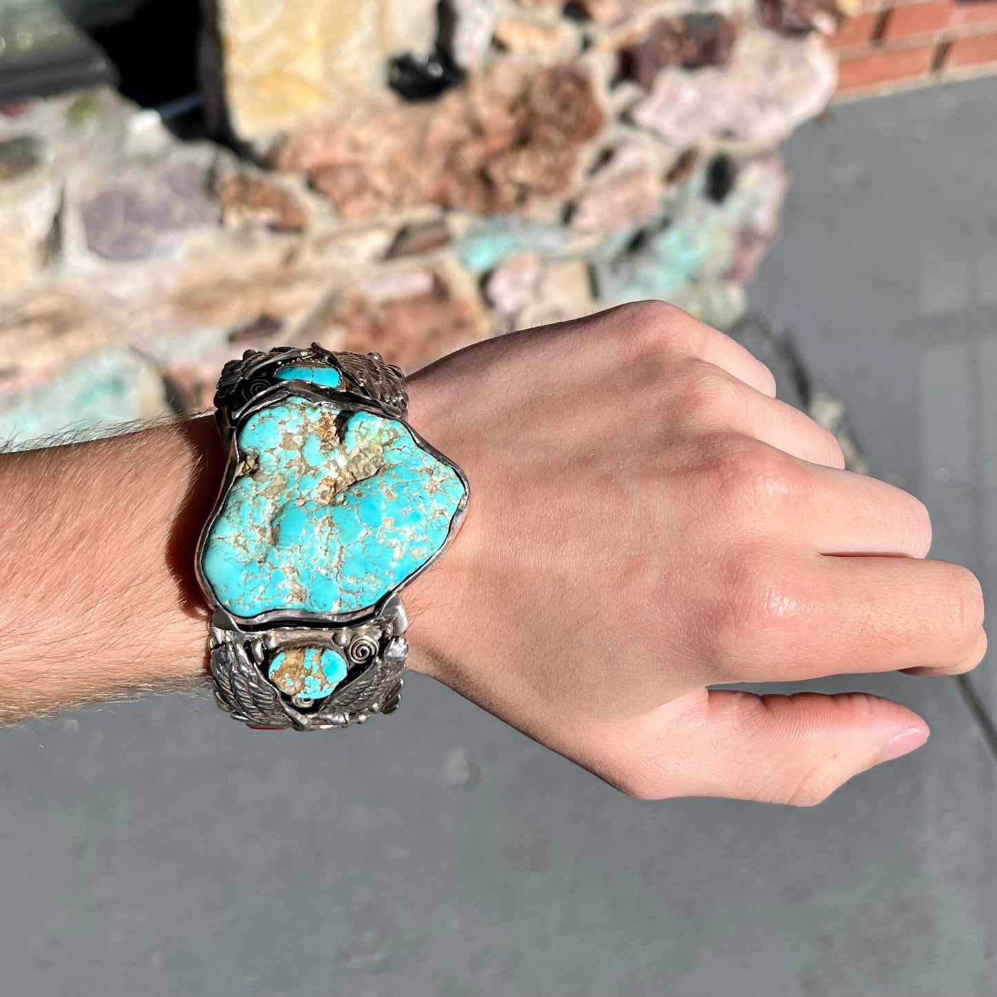 A men's Sleeping Beauty turquoise nugget cuff bracelt handmade by Navajo Artist, Allen Chee.