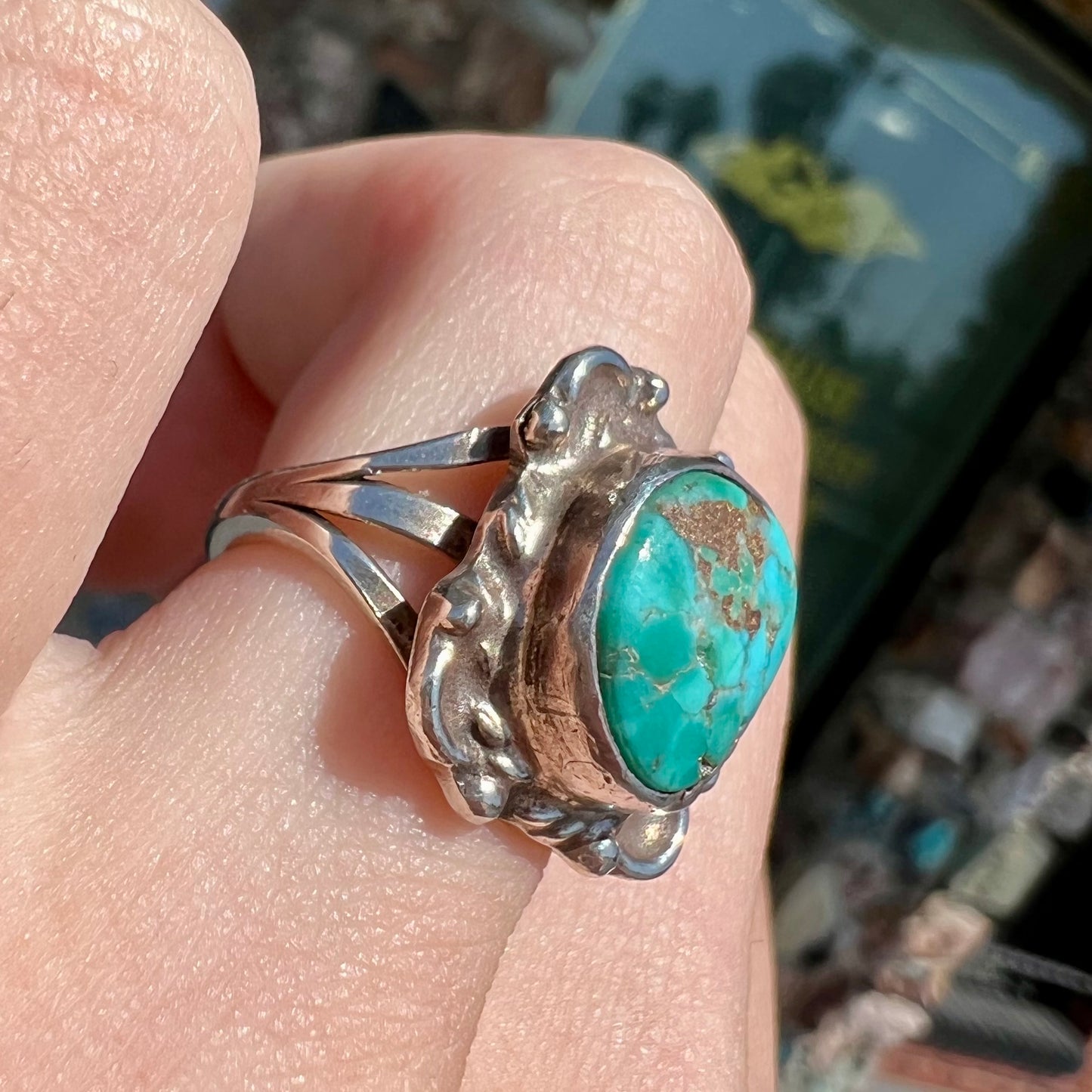 A handmade sterling silver turquoise ring set with a turquoise stone from Pilot Mountain.