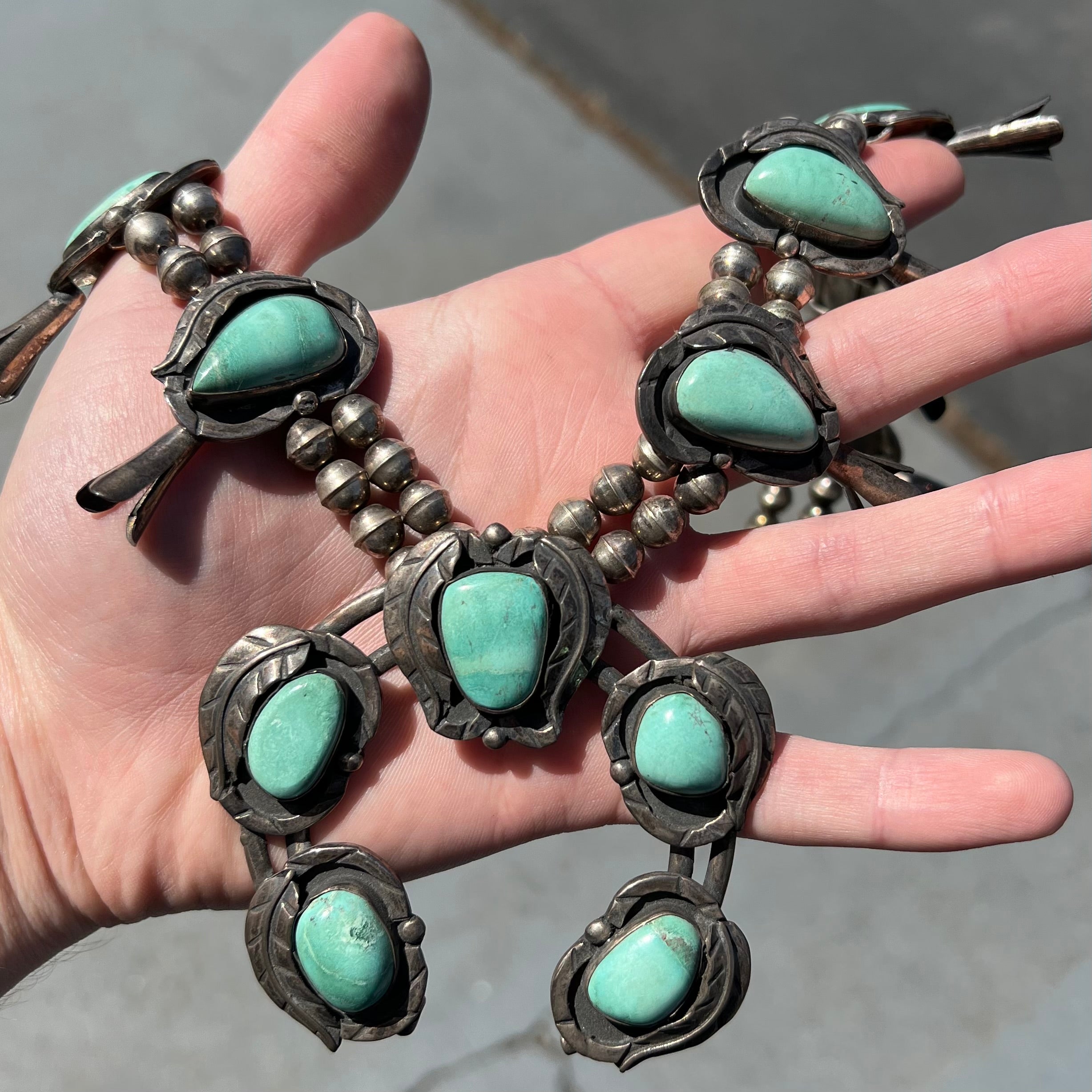 Green Kingman Turquoise Squash Blossom Necklace, c.1970's | Burton's –  Burton's Gems and Opals