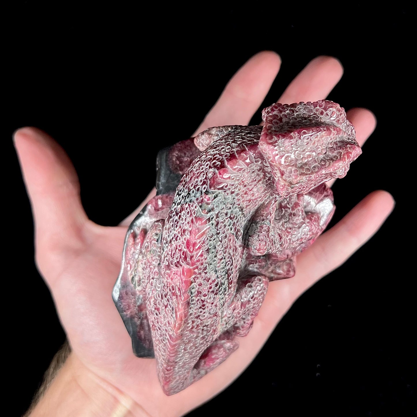 A stone chameleon lizard carved from natural rhodonite by artist, Ronald Stevens.