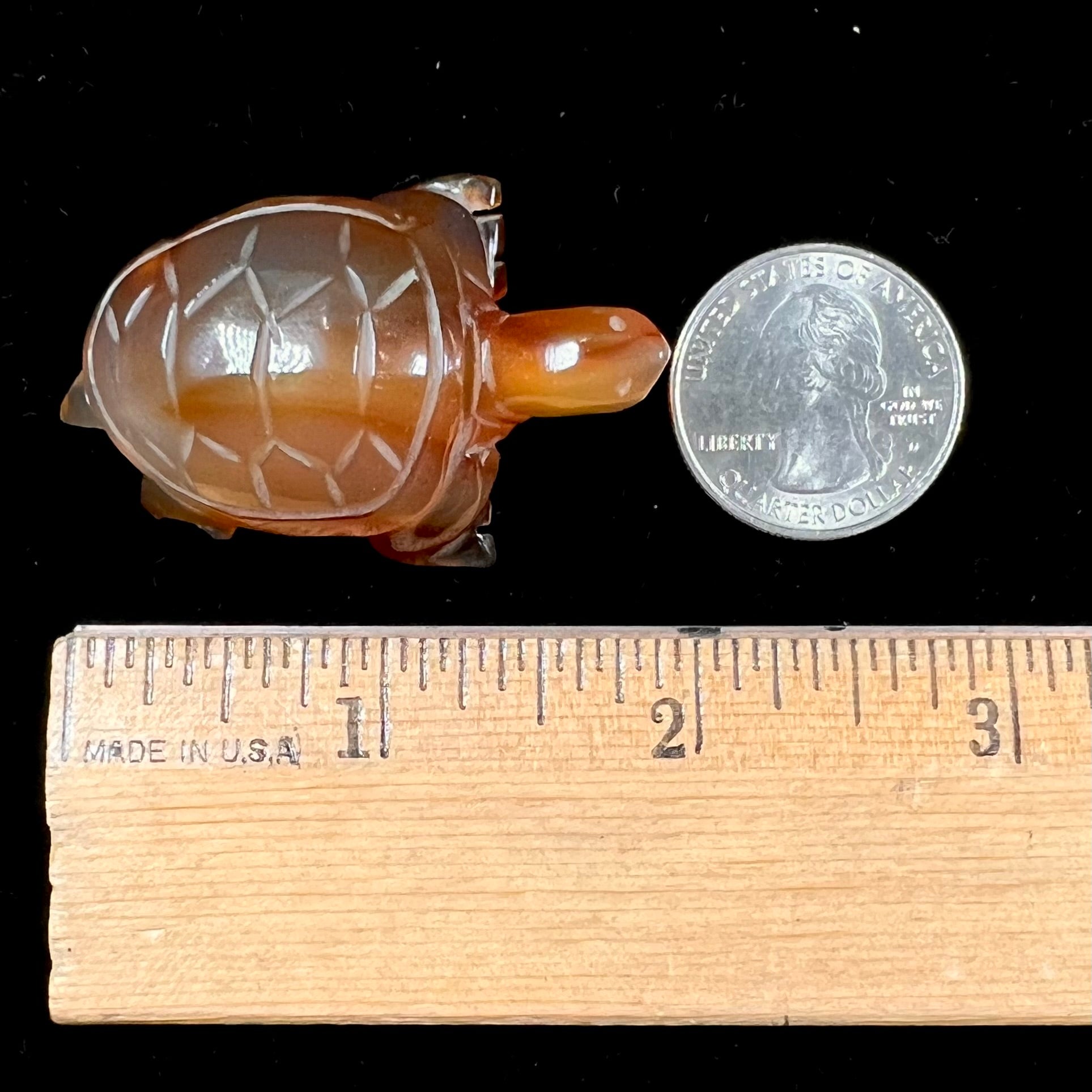 A stone turtle carved from orange carnelian agate.