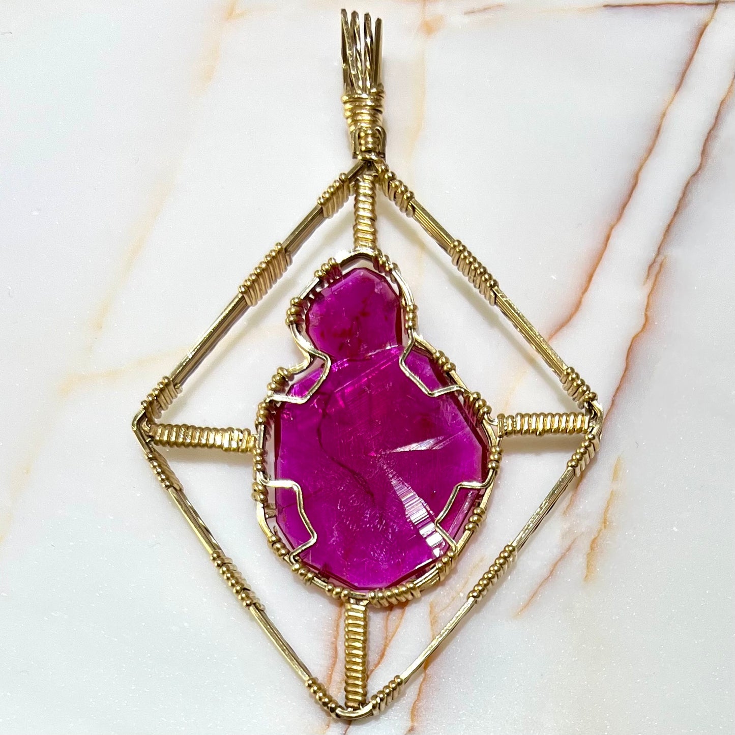 Synthetic Ruby Crystal Wire Wrap Pendant | Gold Filled
