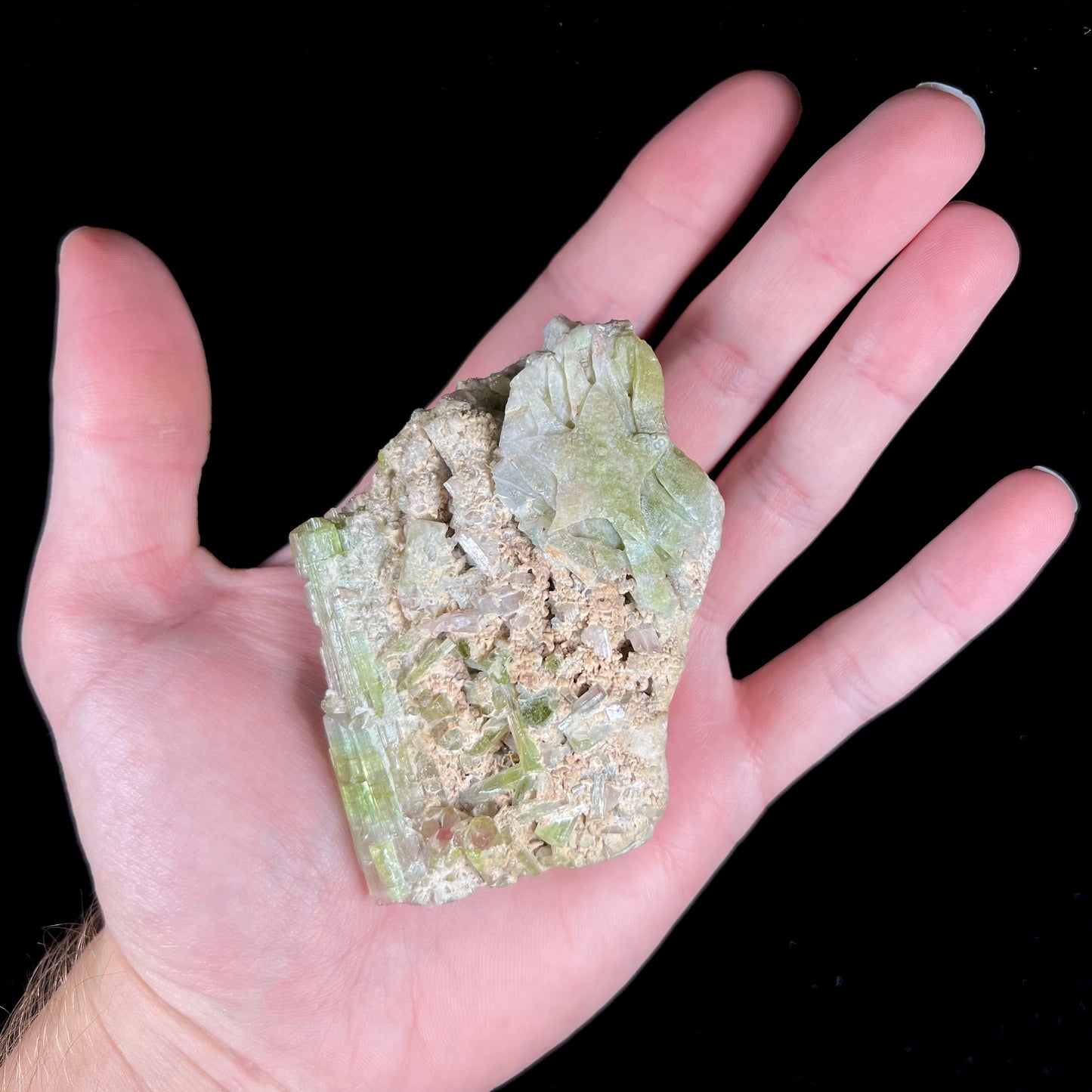 A stone carving of two fish swimming together carved from a watermelon tourmaline crystal conglomerate by artist, Ronald Stevens.