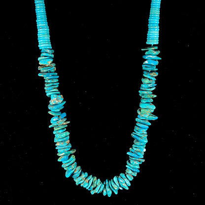 A men's turquoise stone bead necklace made from polished Kingman and Sleeping Beauty Mine turquoise.
