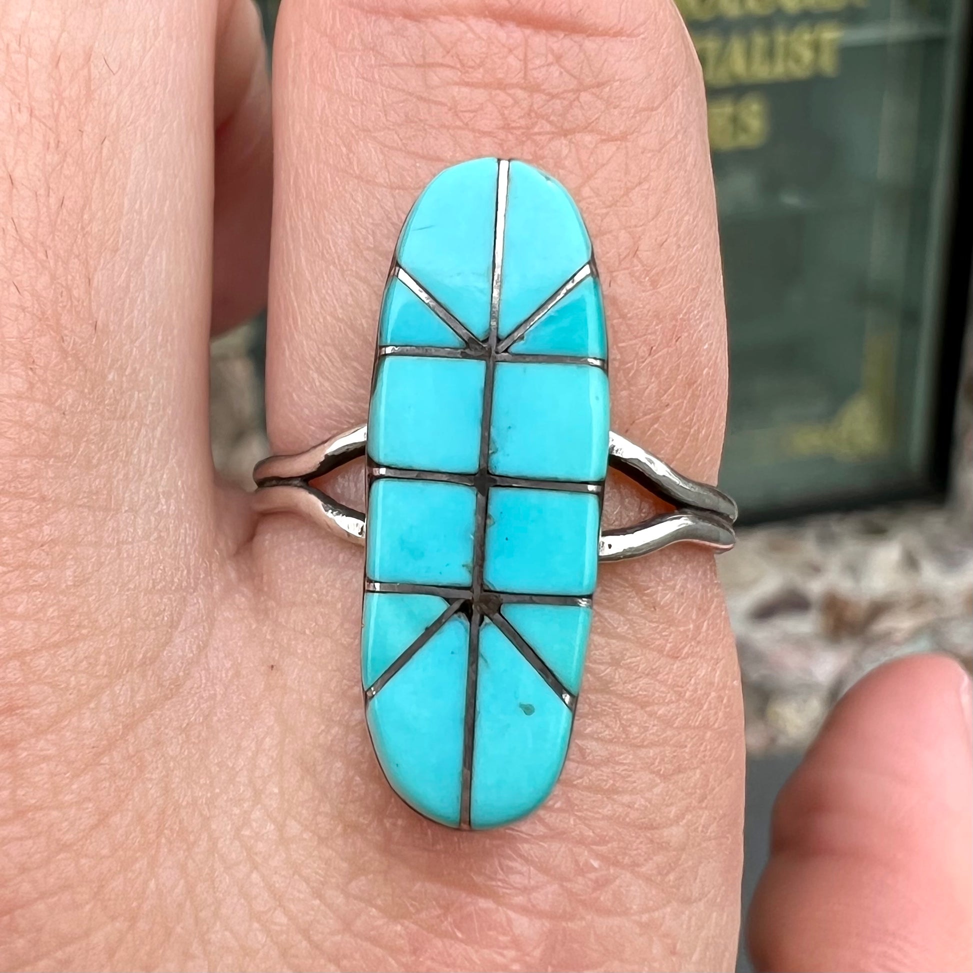 A handmade silver turquoise ring inlaid with six pieces of Sleeping Beauty turquoise.  The back of the ring is signed "FT".