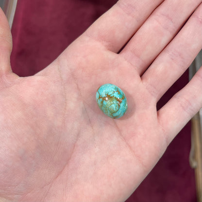A loose, greenish blue turquoise stone with brown matrix from the Royston Mining District in Nevada.