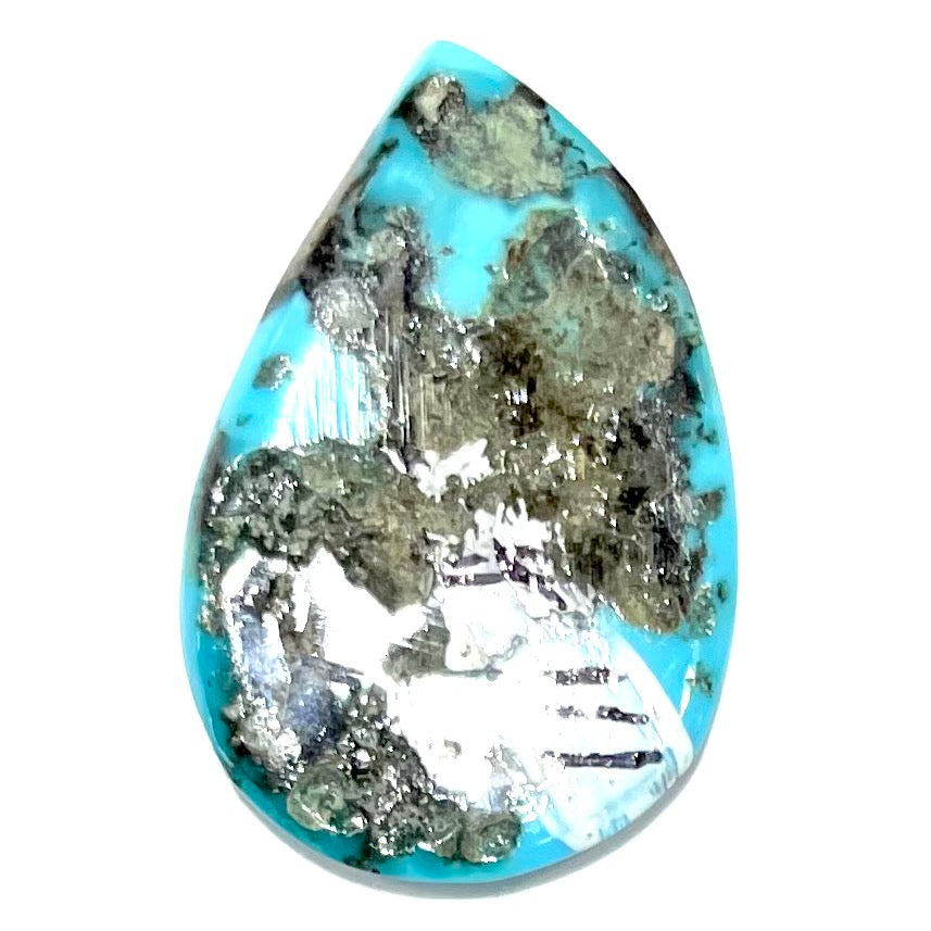 A loose, water drop shaped turquoise stone from the Sleeping Beauty Mine, Arizona.