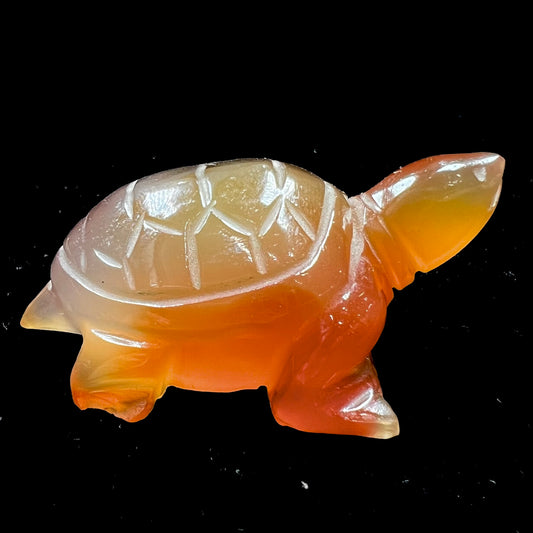 A stone turtle carved from orange carnelian agate.