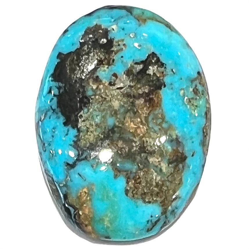 An oval cabochon cut Valley Blue turquoise stone.