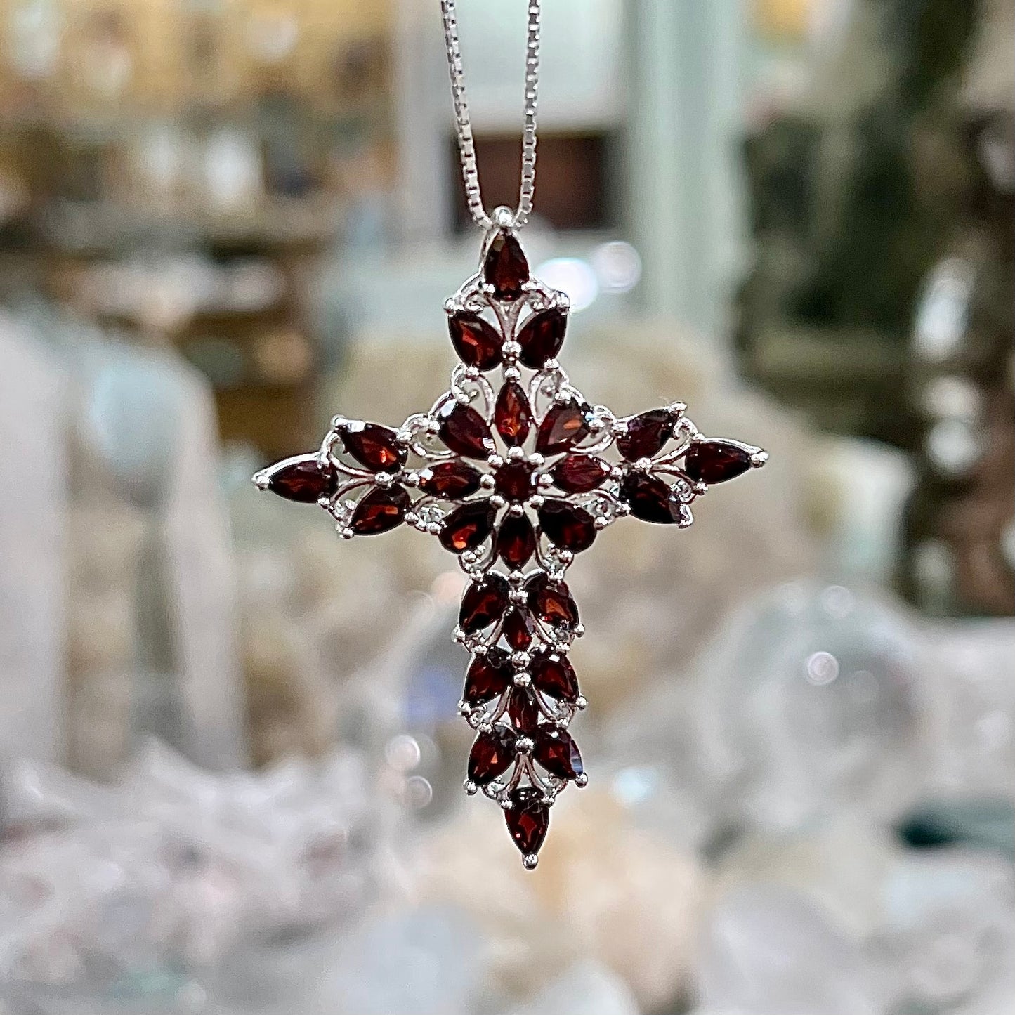 Garnet Cross Pendant | Sterling Silver