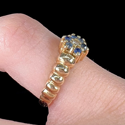 A ladies' yellow gold cluster ring set with round blue sapphires and a round diamond.
