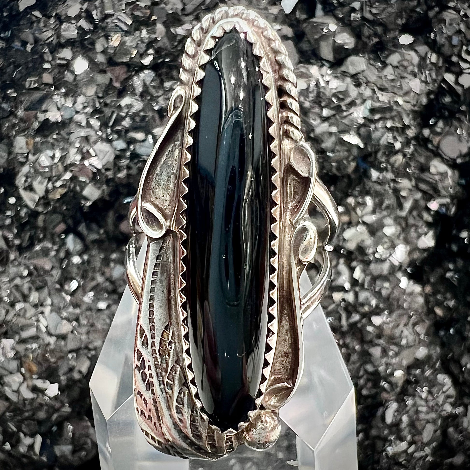 A sterling silver Navajo style onyx ring.