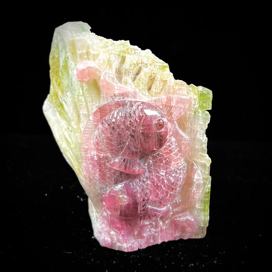 A stone carving of two fish swimming together carved from a watermelon tourmaline crystal conglomerate by artist, Ronald Stevens.