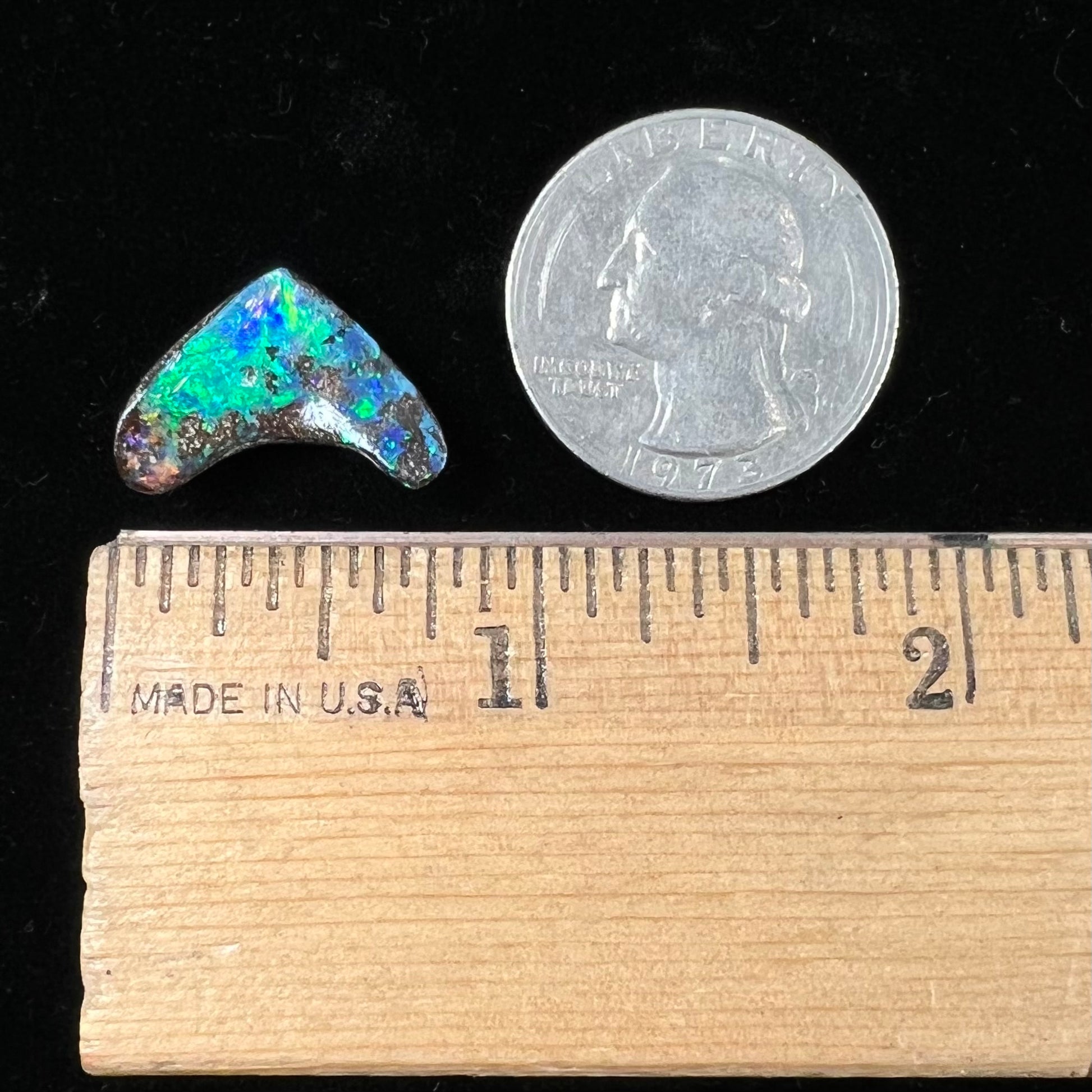 A loose, polished, boomerang shaped boulder opal stone from Queensland, Australia.