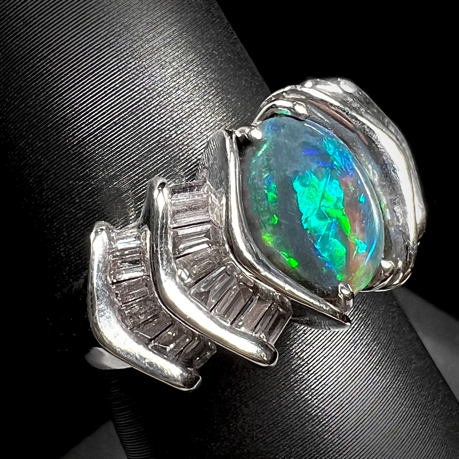 Natural Semi-Black Crystal Opal & Diamond Swirl Ring | Burton's