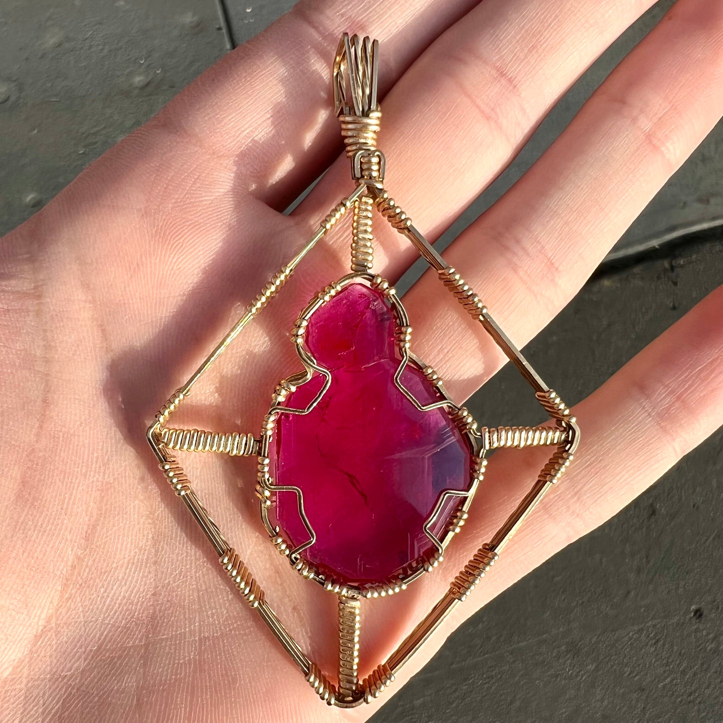 Synthetic Ruby Crystal Wire Wrap Pendant | Gold Filled