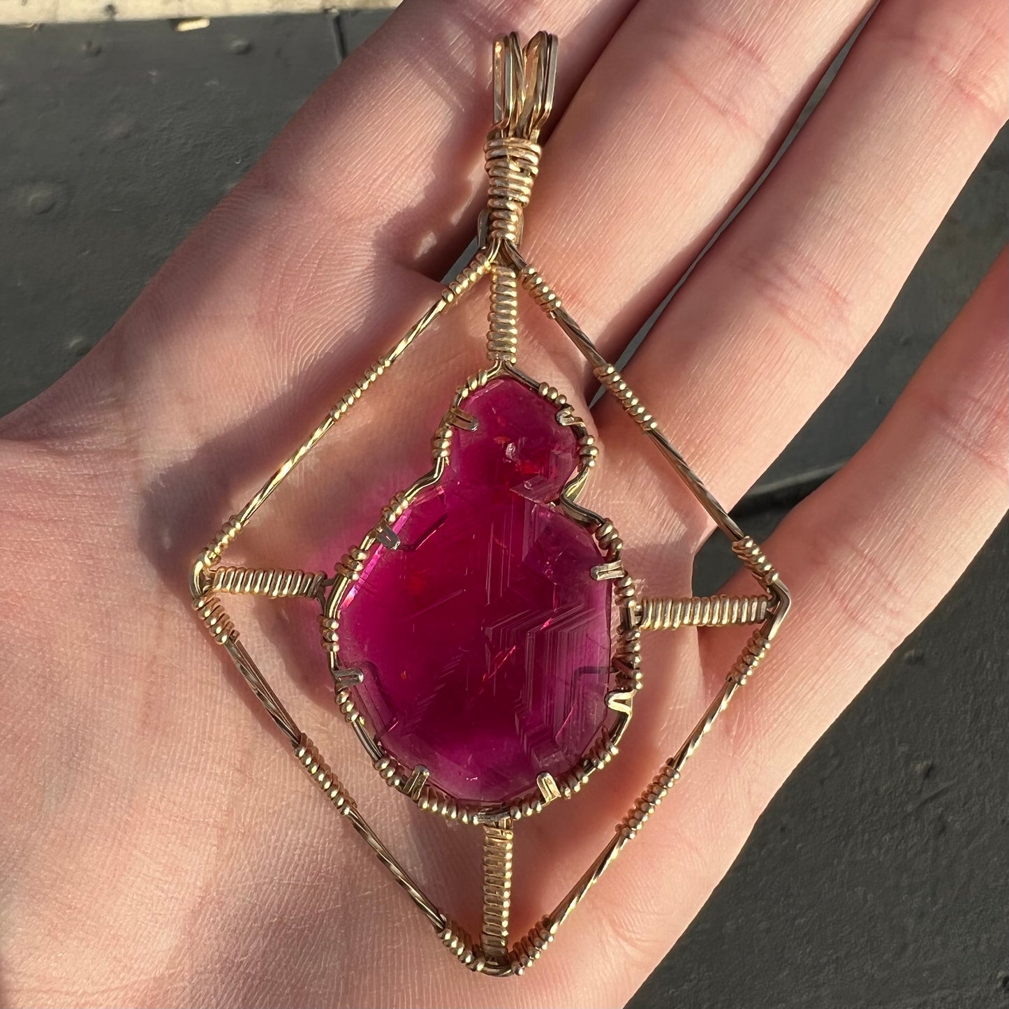 Synthetic Ruby Crystal Wire Wrap Pendant | Gold Filled