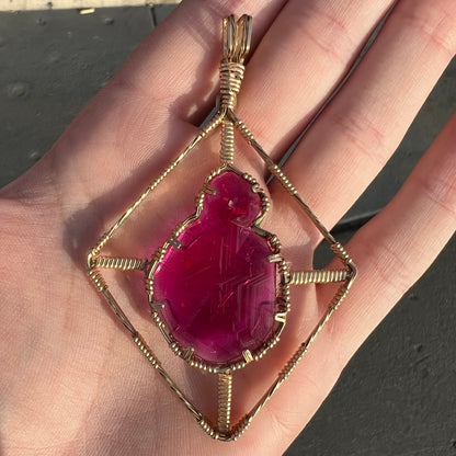 Synthetic Ruby Crystal Wire Wrap Pendant | Gold Filled